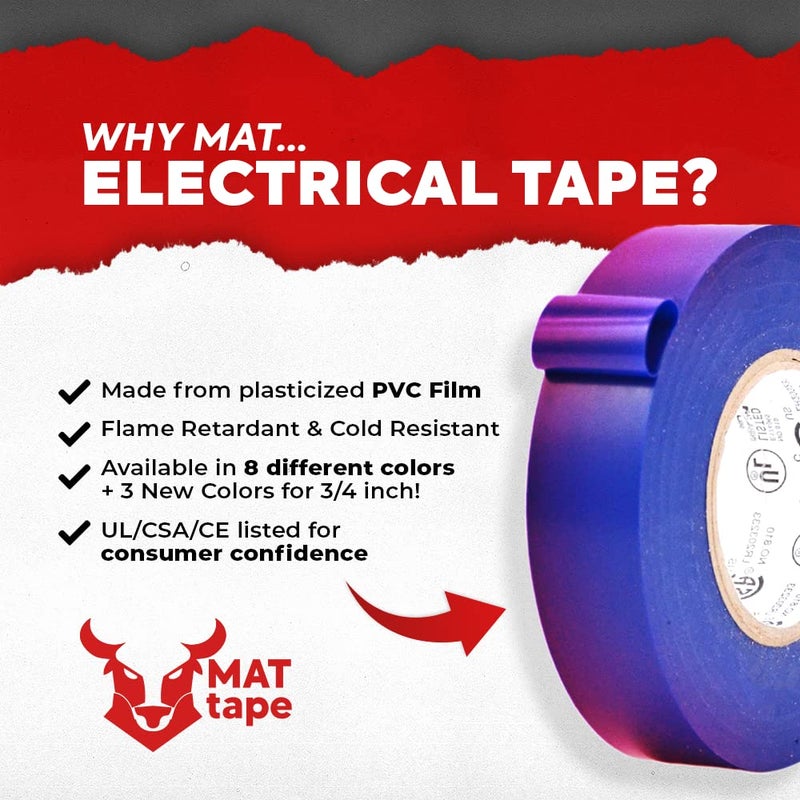 MAT Tape شريط كهربائي احترافي من MAT باللون الوردي - 3/4 بوصة × 66 قدم - مقاوم للماء، مقاوم للاشتعال، ولاصق قوي قائم على المطاط للاستخدام حتى 600 فولت و176 فهرنهايت - Image 2